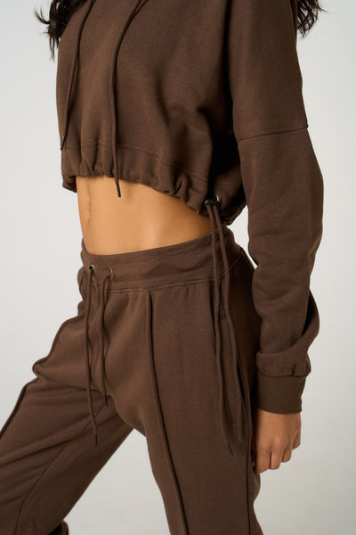 Chocolate Boxy Cropped Hoodie Cuffed Joggers Loungewear Set 