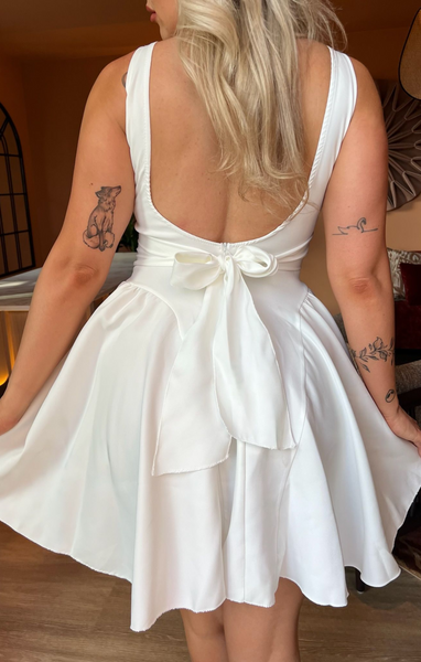 women's cute graduation dresses White Mini Dress Awoscut Women's White Graduation Mini Dress – Square Neck Open Back With Bow & Pleated Short Skirt, Party Dress For Summer Events best graduation dresses