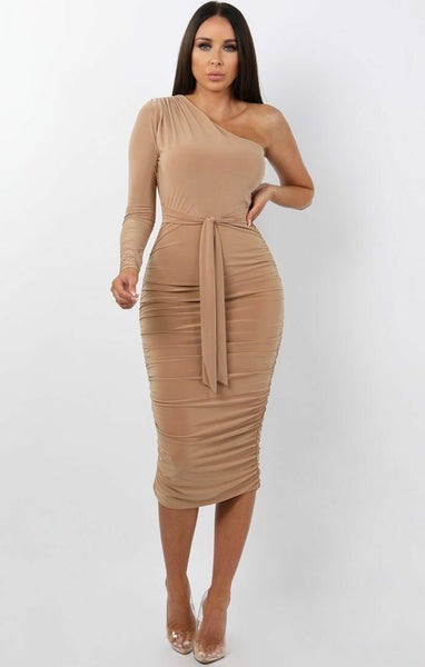 Beige One Shoulder Ruched Slinky Midi Dress Midi Dress Femme