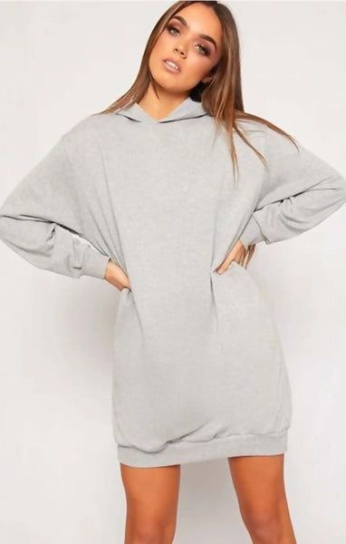 Grey Oversized Baggy Pocket Sweat Hood Mini Dress