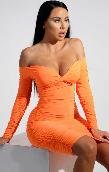 Neon Orange Ruched Bardot Long Sleeve Bodycon Mini Dress | Femmeluxe