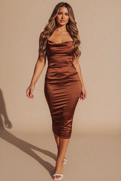 Chocolate Cowl Neck Satin Lace Up Back Strappy Bodycon Midi Dress