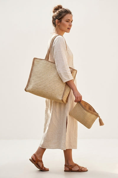 Beige Woven Tote Bag With Matching Zip Pouch-Hyon – Femme Luxe