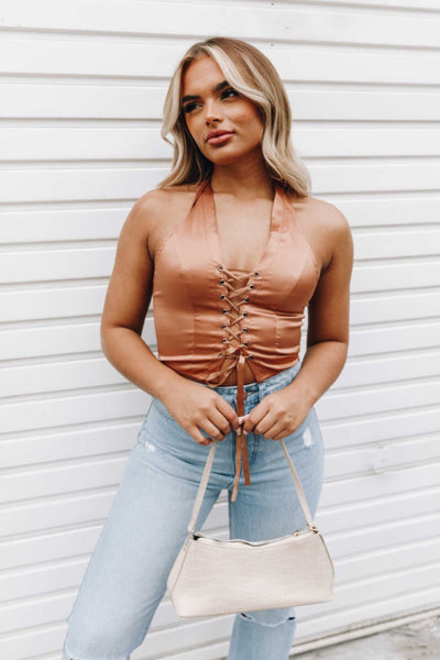 White Halterneck Lace Up Crop Top - Lulu – Femme Luxe