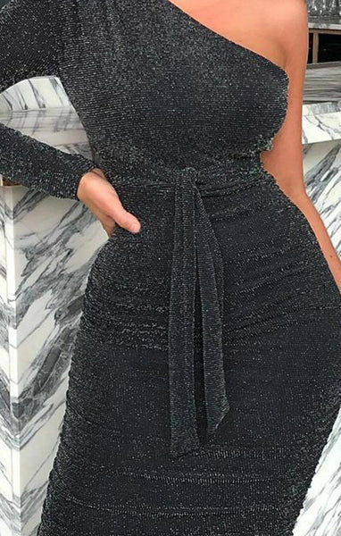 Black Glitter One Shoulder Midi Dress | Dresses