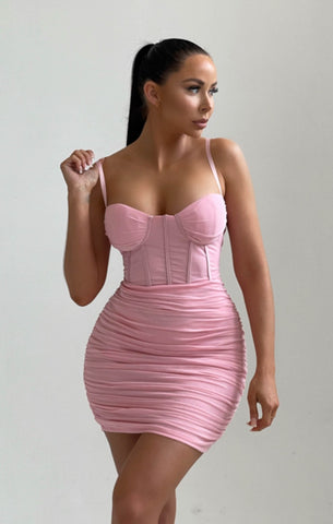 Ruched Mesh Bodycon Dress in Light Pink