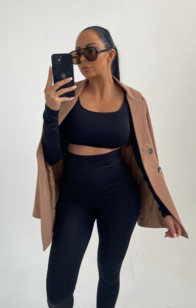 Black Long Sleeve Crop Top And Leggings Two Piece Set - Bella