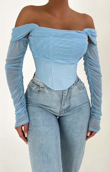 Sky Blue Satin Chain Detail Corset Top Shay