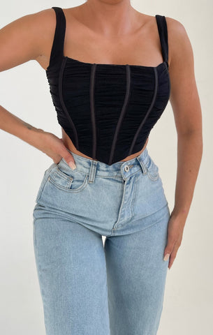 Black Corset Style Curved Hem Strappy Crop Top - Flavia – Femme Luxe