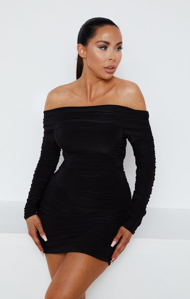 Black Ruched Bardot Off The Shoulder Long Sleeve Bodycon Mini