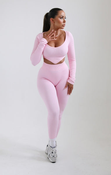 Lace Up Halter Neck Crop Top And Ruched Leggings Set - Pink – Dolls Kill