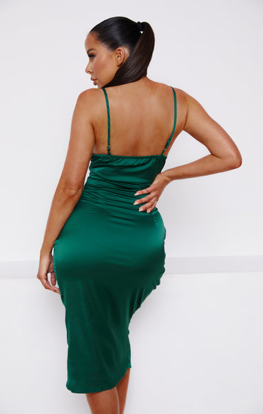 Emerald Satin Cowl Neck Asymmetric Split Strappy Bodycon Midi Dress