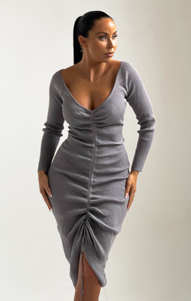 princess polly baby blue dress Grey Ribbed V Neck Ruched Long Sleeve Bodycon Midi Dress-Karen – Femme Luxe