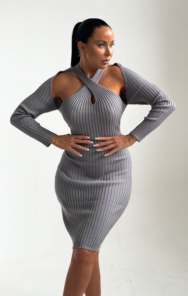 Smoke Grey Knitted Ribbed Long Sleeve Cut-Out Bodycon Midi Dress