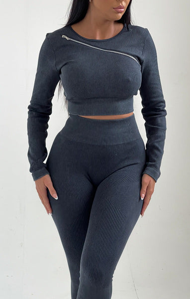 Charcoal Ribbed Long Sleeve Zip Detail Top And Leggings Two Piece Set –  Femme Luxe