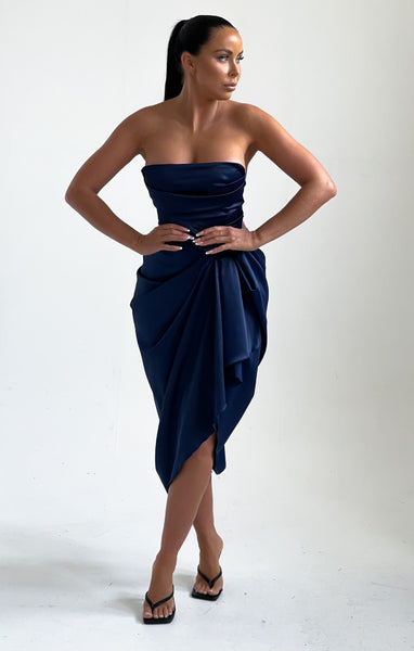 navy satin bardot lapel detail wrap midi dress Navy Blue Satin High Split Bardot Midi Dress