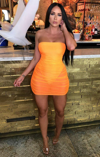 Neon Orange Strapless Corset Mesh Overlay Mini Dress | Dresses | Femme Luxe Neon Orange Strapless Corset Mesh Overlay Mini Dress | Dresses | Femme Luxe