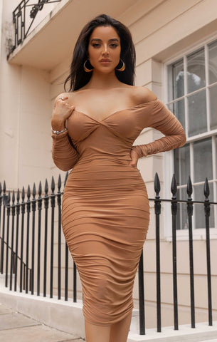 Stone Ruched Bardot Long Sleeve Bodycon Mini Dress