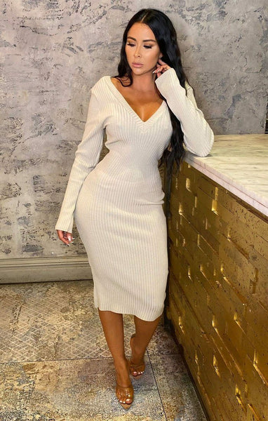 Stone Ribbed V Neck Midi Jumper Dress Dresses Femme Luxe UK