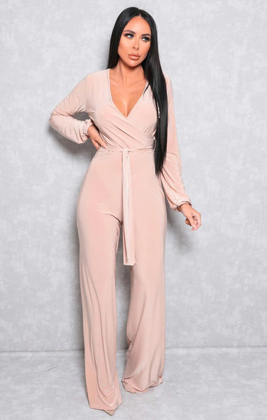 Long Sleeve Wide Leg Slinky Jumpsuit