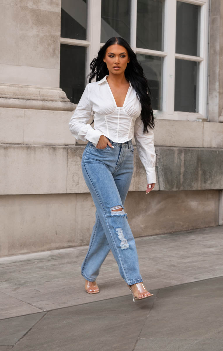 Ripped Jeans Outfit Lace Bodysuit And Mom Jeans ASOS DESIGN High