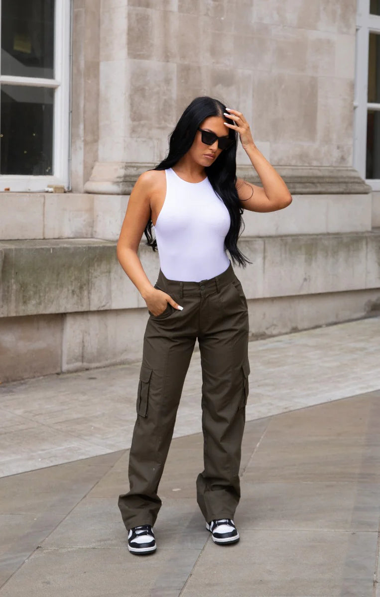 Khaki Oversized Straight Leg Cargo Trousers Isie Femme Luxe