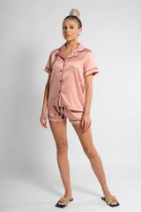 Rose Piped Satin Shorts Pyjama Set - Crystal
