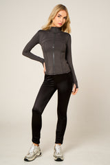 Dark Grey High Neck Fitted Zip Up Lightweight Jacket - Sovanna
