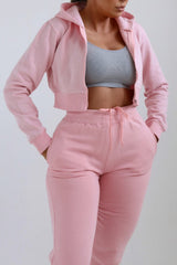 Pink Zip Up Crop Hoodie & Joggers Loungewear Set - Nell