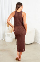 Brown Crochet Knitted Top and Midi Skirt Slit Tie Side Set Co Ord - Lily