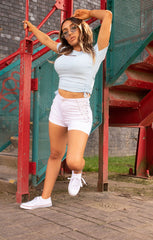 White High Waisted Side Lace Up Denim Shorts - Amelita