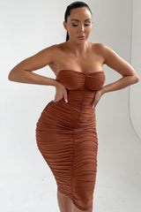 Pale Chocolate Strapless Ruched Midi Dress - Salma