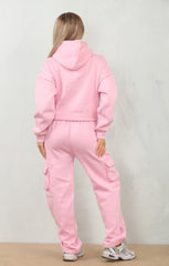 Pink Cropped Fleece Hoodie with Cargo Jogger Sweatpants Loungewear Set - Roshana
