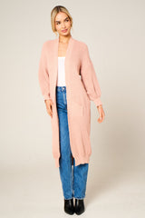 Dusty Pink Knitted Long Sleeve Pocket Detail Ribbed Cardigan - Leanne