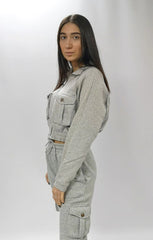 Grey Zip Up Long Sleeve Cargo Pocket Cropped Sweatshirt - Ayla