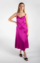 Purple Cowl Neck Satin Lace Up Back Strappy Bodycon Midi Dress - Elissara