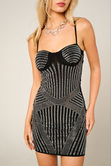 Black Rhinestone Embellished Corset Strappy Bodycon Mini Dress - Lirenza