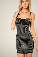 Black Rhinestone Embellished Corset Strappy Bodycon Mini Dress - Lirenza