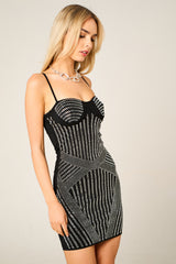 Black Rhinestone Embellished Corset Strappy Bodycon Mini Dress - Lirenza