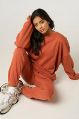 Rust Oversized Long Sleeve Crew Neck Raw Hem Crop Sweatshirt Cuffed Joggers Loungewear Set - Averi