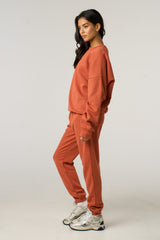 Rust Oversized Long Sleeve Crew Neck Raw Hem Crop Sweatshirt Cuffed Joggers Loungewear Set - Averi