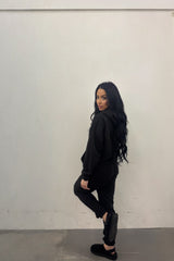 Black Oversized Hoodie & High Waisted Seam Front Cuffed Joggers Loungewear Set - Martha