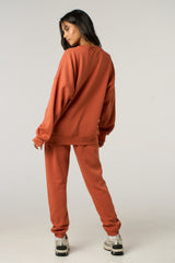 Rust Oversized Long Sleeve Crew Neck Raw Hem Crop Sweatshirt Cuffed Joggers Loungewear Set - Averi