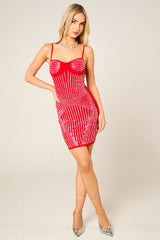 Red Rhinestone Embellished Corset Strappy Bodycon Mini Dress - Lirenza