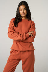 Rust Oversized Long Sleeve Crew Neck Raw Hem Crop Sweatshirt Cuffed Joggers Loungewear Set - Averi