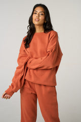 Rust Oversized Long Sleeve Crew Neck Raw Hem Crop Sweatshirt Cuffed Joggers Loungewear Set - Averi