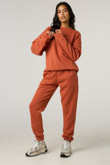 Rust Oversized Long Sleeve Crew Neck Raw Hem Crop Sweatshirt Cuffed Joggers Loungewear Set - Averi