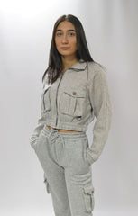Grey Zip Up Long Sleeve Cargo Pocket Cropped Sweatshirt - Ayla