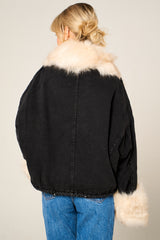 Black Denim Cream Faux Fur Fluffy Oversized Jacket - Sacha