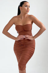 Pale Chocolate Strapless Ruched Midi Dress - Salma